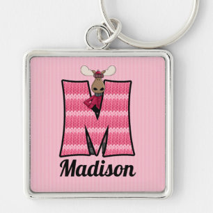 Kid's Pink Moose Monogram Letter M Key Ring