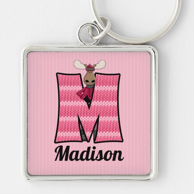 Kid's Pink Moose Monogram Letter M Key Ring (Front)