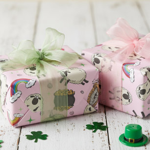Kids Pink St. Patrick’s Day Sheep & Shamrocks Wrapping Paper