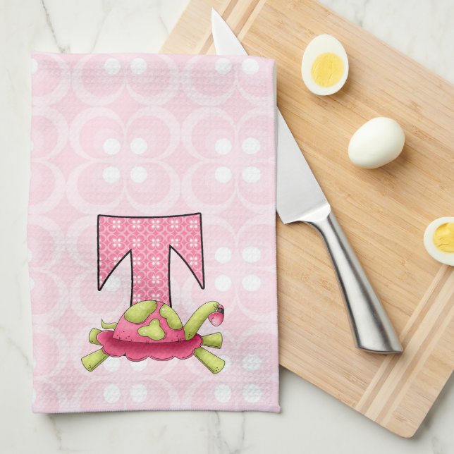 Kids Pink Turtle Monogram Letter T Tea Towel (Quarter Fold)