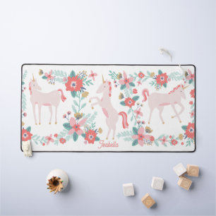 Kids Pink Unicorn and Flowers With Custom Name Desk Mat