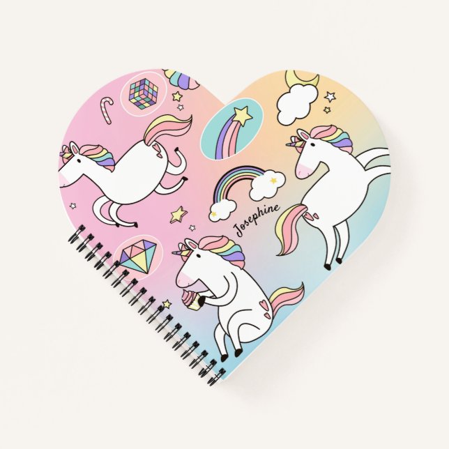 Kid's Pink Unicorn Rainbow Star Heartshaped Notebook (Front)