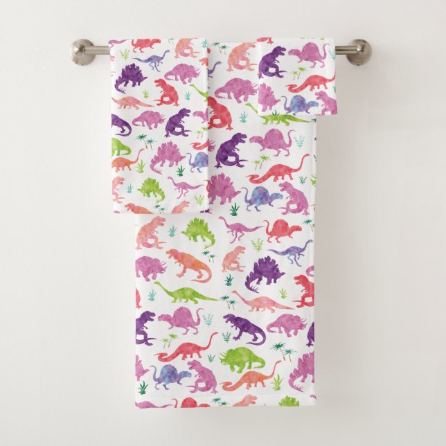 Kids Pink Watercolor Dinosaur Pattern Girls Bath Towel Set (Insitu)