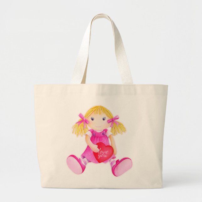 Kids pink whimsical rag doll art library bag (Front)
