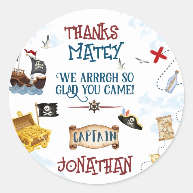 Kids pirate party birthday thank you Favour Classic Round Sticker (Front)