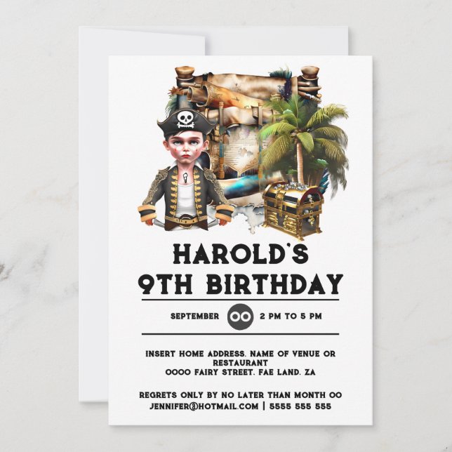 Kids pirate theme birthday treasure chest boys invitation (Front)
