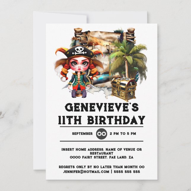 Kids pirate theme birthday treasure chest girls invitation (Front)