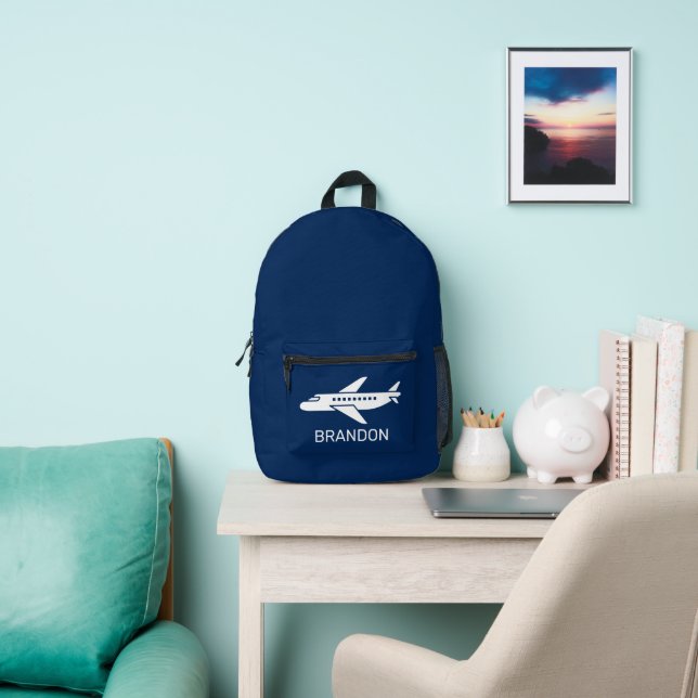 Kids Plane Boys Blue Custom Name Printed Backpack (Insitu)