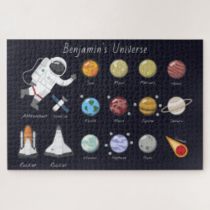 Kids Planets Astronaut Monogram Text Universe  Jigsaw Puzzle