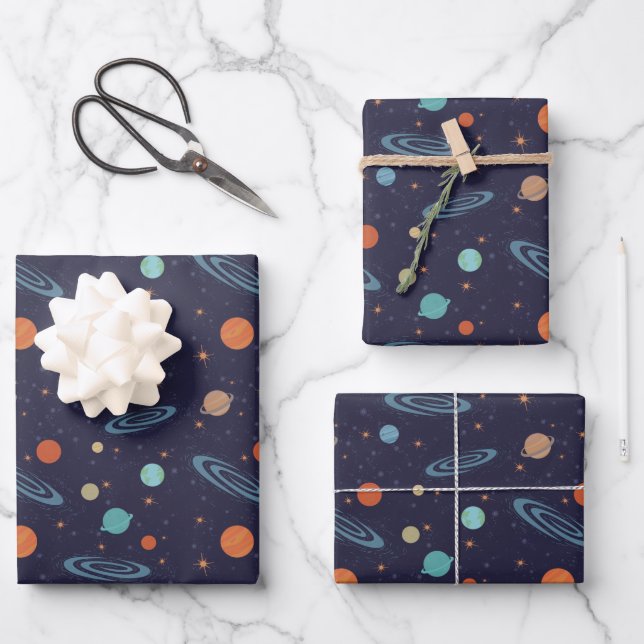 Kids Planets Solar System Galaxy Sparkling Stars Wrapping Paper Sheet (Front)
