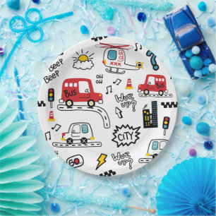 Kids Playful Transport Pattern Paper Plate