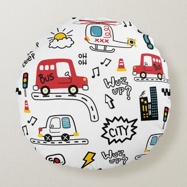 Kids Playful Transport Pattern  Round Cushion (Front)