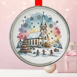 Kids Playing at Church at Christmas Time Metal Ornament<br><div class="desc">Pretty whimsical watercolor church and chapel,  Christmas tree and children playing in the snow Christmas ornament.</div>