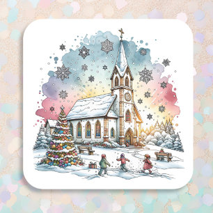 Kids Playing at Church at Christmas Time Square Sticker