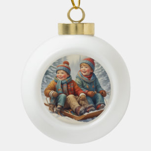 Kids playing in the Snow Snowflake Framed Ornament