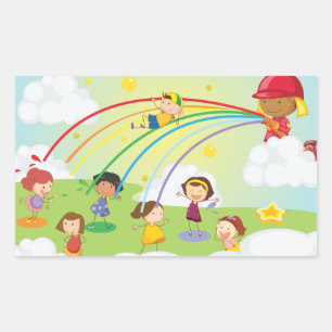 Kids Playing Under Rainbow Firefighter Spray Rectangular Sticker