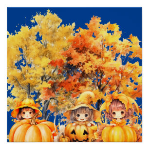 kids playing with the pumpkins poster