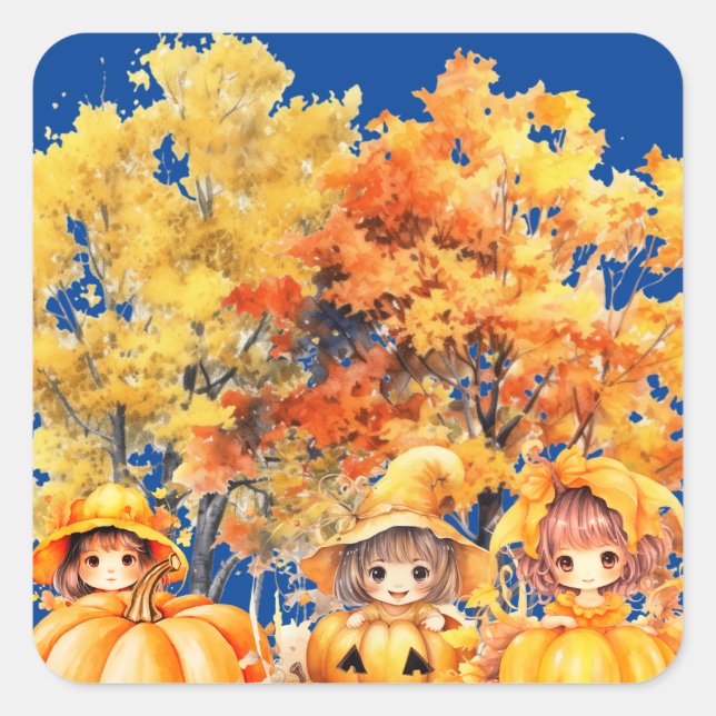 kids playing with the pumpkins square sticker (Front)