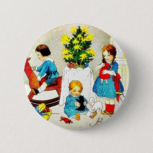 Kids playing with toys and christmas tree 6 cm round badge