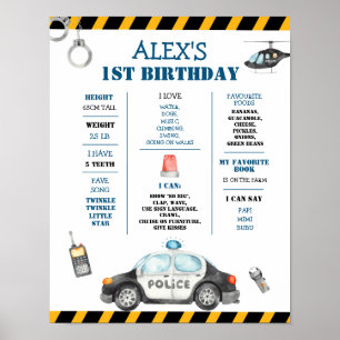 Kid's Police Birthday Party First Year Milestone Poster