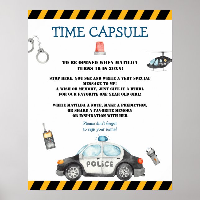 Kid's Police Birthday Party Time Capsule Game Poster (Front)