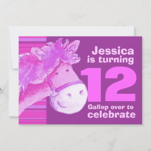 Kids pony treking 12 birthday purple pink invite