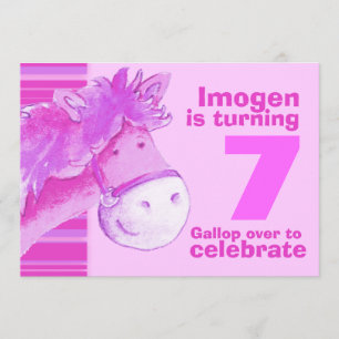 Kids pony treking 7 birthday pink birthday invite
