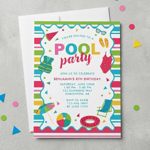 Kids Pool Party Birthday Colourful Summer Swim  Invitation
