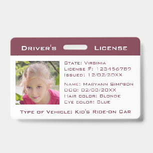 Kids Pretend Driver's License Bike Ride-On Cars ID Badge