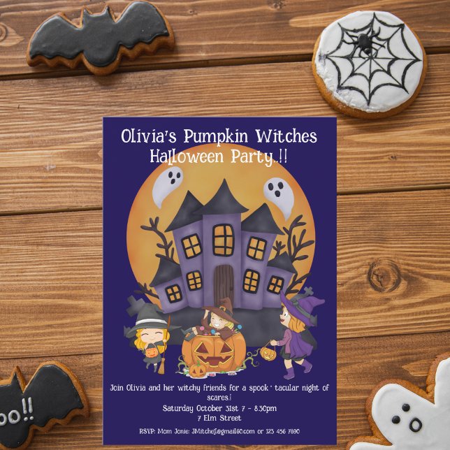 Kids Pumpkin Witches Halloween Party Invitation (Pumpkin Witches Halloween Party Invite)