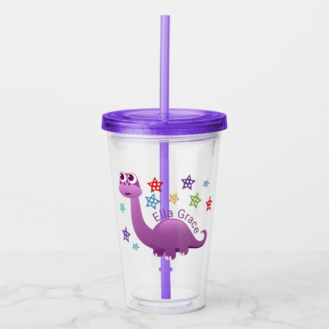 Kids Purple Dinosaur Personalised Acrylic Tumbler (Front)
