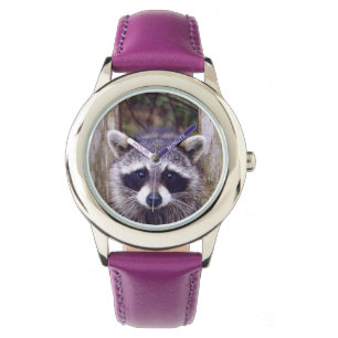 Kid's  Purple Leather Strap Watch w/ racoon