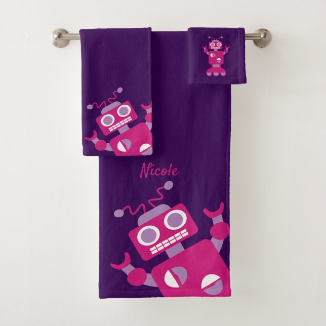 Kids Purple Pink Robot Personalised Fun Bath Towel Set (Insitu)