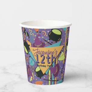 Kids Purple Retro Witchy Halloween Birthday Paper Cups