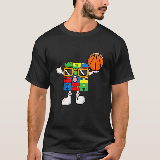 Kids Puzzle Piece Playing Baskeball Autism Awarene T-Shirt (Front)