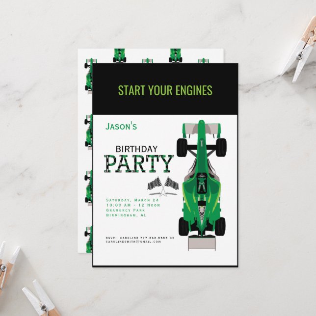 Kid's Race Car Green Birthday Party Invitation (Front/Back In Situ)