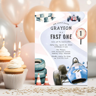 Kids Race Car Themed First Birthday Party Invitation