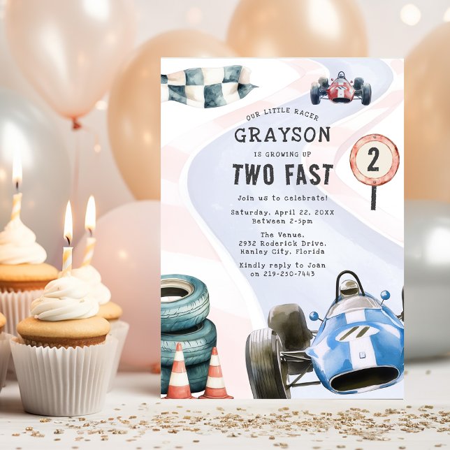 Kids Race Car Themed Second Birthday Party Invitation (Creator Uploaded)