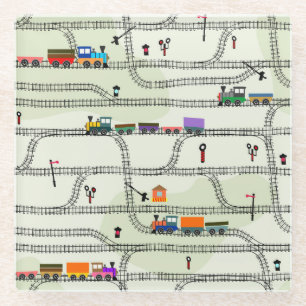Kids Railway: Funny Seamless Pattern Glass Coaster
