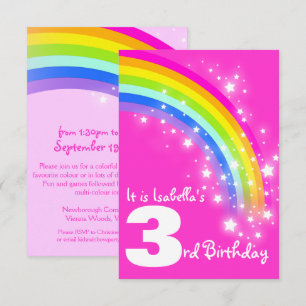 Kids rainbow 3rd birthday pink birthday invite