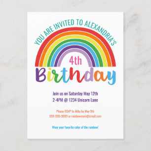 Kids Rainbow Birthday Party Colourful Girls Pretty Invitation Postcard