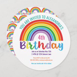 Kids Rainbow Birthday Party Colourful Pretty Girls Invitation