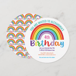 Kids Rainbow Birthday Party Colourful Pretty Girls Invitation