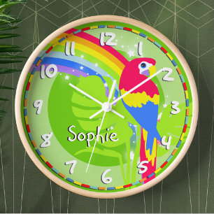 Kids rainbow macaw parrot name green wall clock
