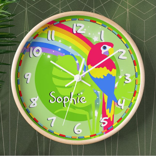 Kids rainbow macaw parrot name green wall clock (Creator Uploaded)