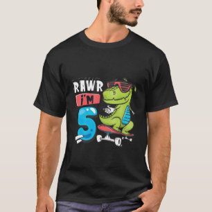 Kids Rawr I'm 5 T Rex Dinosaur Skateboard 5Th Birt T-Shirt