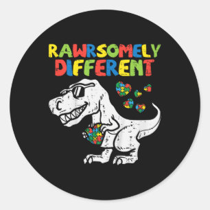 Kids Rawrsomely Different Trex Dino Boys Autism Aw Classic Round Sticker