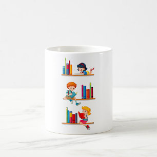 Kids Reading Books on Shelf Coffee Mug