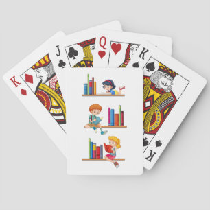 Kids Reading Books on Shelf Playing Cards