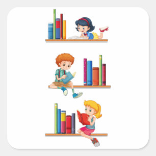 Kids Reading Books on Shelf Square Sticker